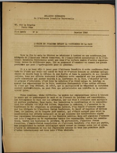 Les Cahiers de l'Alliance Israélite Universelle (Paix et Droit).  N°04 (01 janv. 1946)